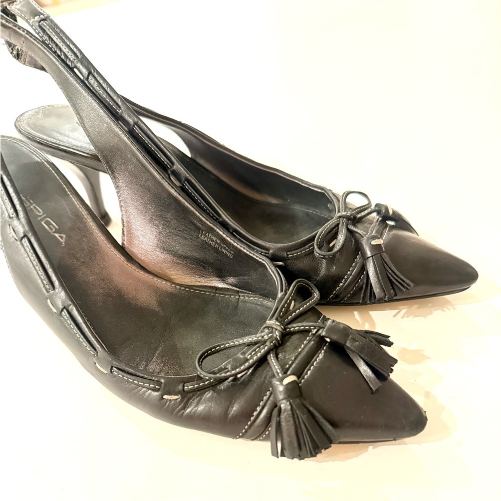VIA SPIGA GEM black leather tassel slingback pointed toe kitten heel 6.5